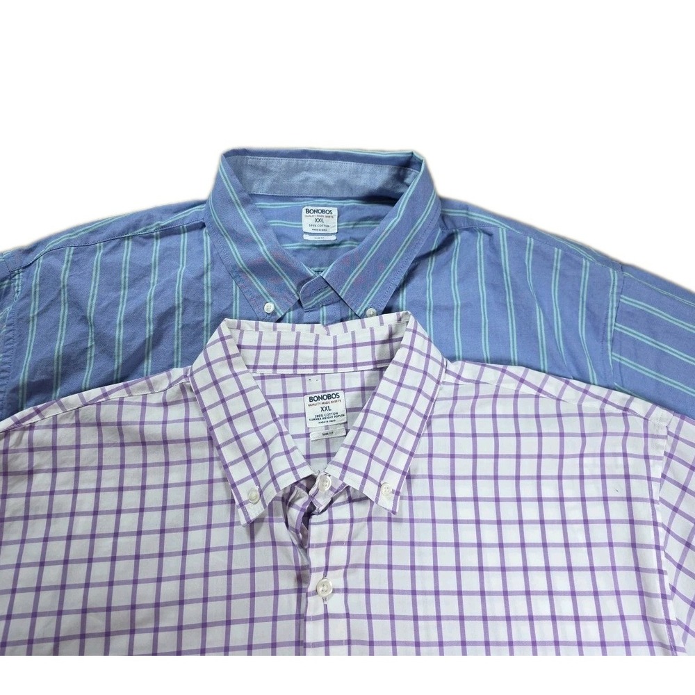Lot Of 2 Bonobos‎ Shirt Mens 2XL Slim Fit Dress Cotton Blue Striped Purple Check